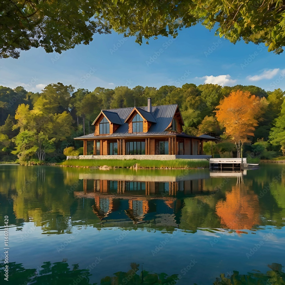 Obraz premium Tranquil Lakeside Cabin