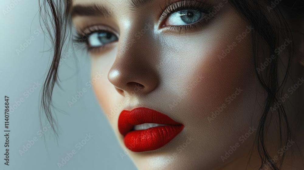 Realistic close-up of a woman with sharp facial features, bold red lipstick, and a confident gaze, her skin glowing in natural light. Realistic close-up of a woman with sharp facial features, bold red lipstick, and a confident gaze, her skin glowing in natural light.