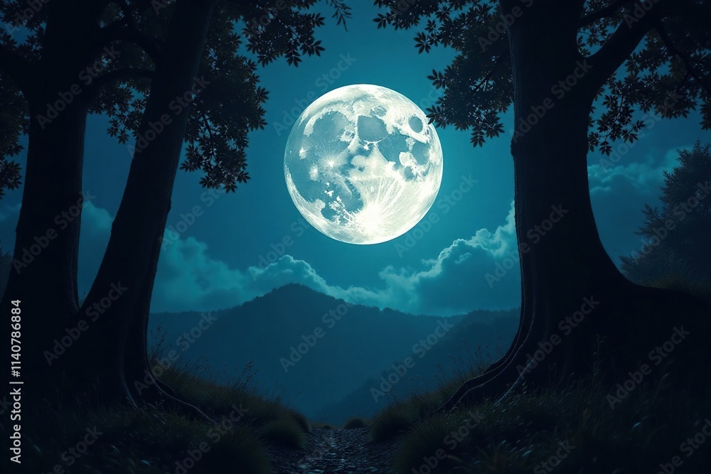 Full moon casting an eerie glow through forest canopy, full moon, darkness, woodland Full moon casting an eerie glow through forest canopy, full moon, darkness, woodland