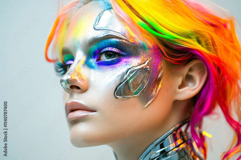 Naklejka premium Futuristic portrait of female with rainbow hair and metallic face art