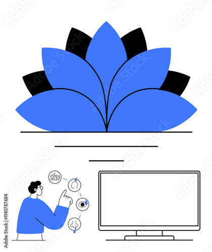 Person pointing at sensory icons ear, eye, nose, lips with blue lotus flower and monitor screen. Ideal for technology, education, healthcare, mindfulness meditation wellness presentations. Line