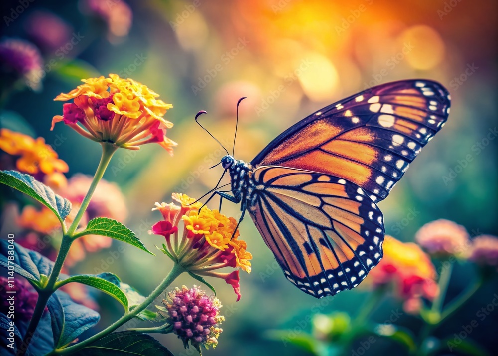 Fototapeta premium Vintage Butterfly Nectar Photography: High-Resolution Insect Close-up, Detailed Wings, Floral Background, Retro Style, Nature Photography, Macro Photography