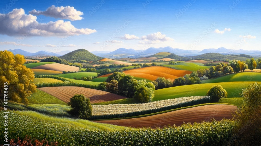 Fototapeta premium Serene Rolling Hills Landscape - Picturesque farmland, vibrant colors, sunlit fields, gentle slopes, peaceful atmosphere. Symbolizes abundance, tranquility, nature's beauty, growth, and harmony.