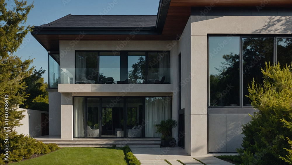 Modern two-story light grey house with large windows, a balcony, and a manicured lawn. The house has a contemporary design with clean lines and dark window frames. Modern two-story light grey house with large windows, a balcony, and a manicured lawn. The house has a contemporary design with clean lines and dark window frames.