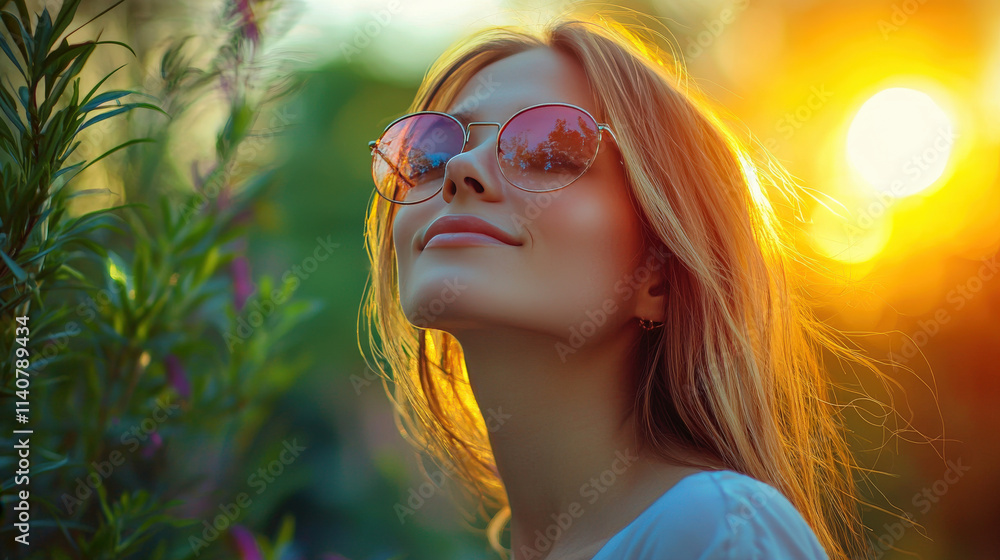 Young woman with sunglasses enjoying a sunset in a lush garden, radiating joy and serenity, basking in golden light amidst nature's beauty Young woman with sunglasses enjoying a sunset in a lush garden, radiating joy and serenity, basking in golden light amidst nature's beauty