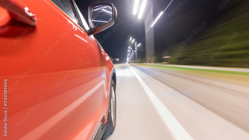 Fototapeta premium Drivelapse from Side of Car moving on a night highway timelapse hyperlapse