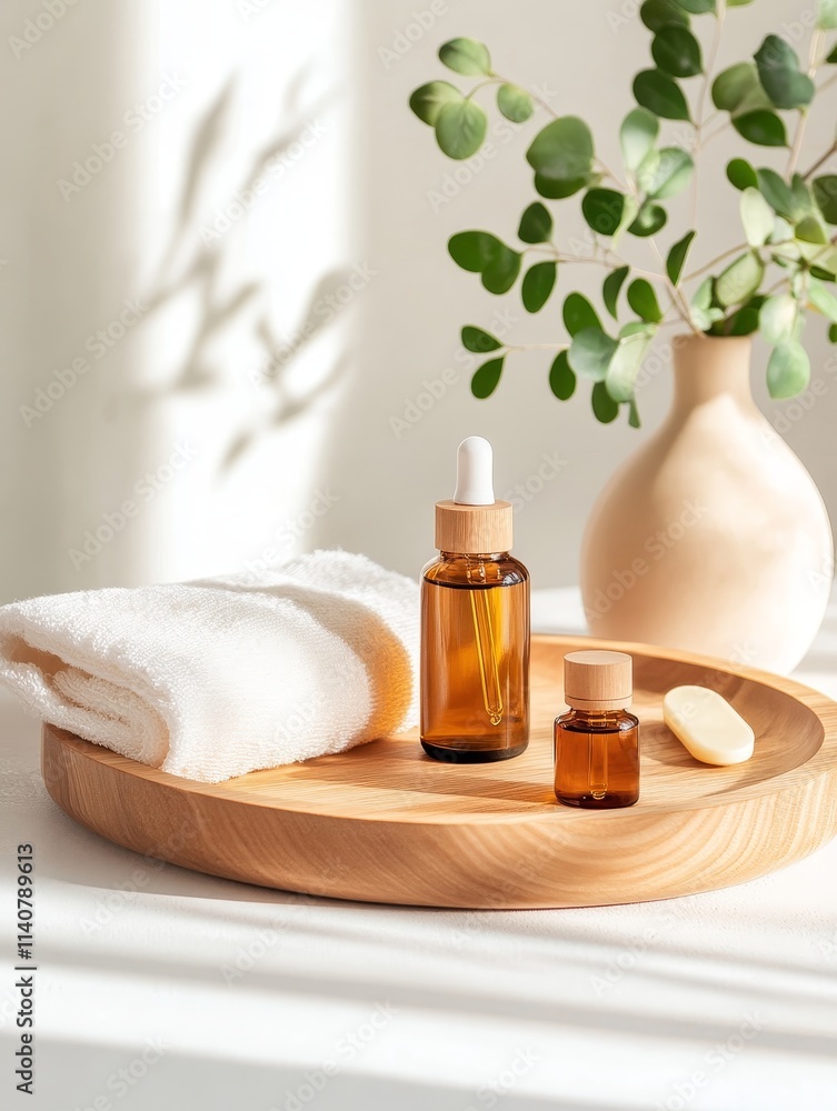 Wooden Tray Essential Oil Set Wellness - Serene spa setting. Essential oils, a towel, natural elements, relaxation, and self-care. Wooden Tray Essential Oil Set Wellness - Serene spa setting. Essential oils, a towel, natural elements, relaxation, and self-care.