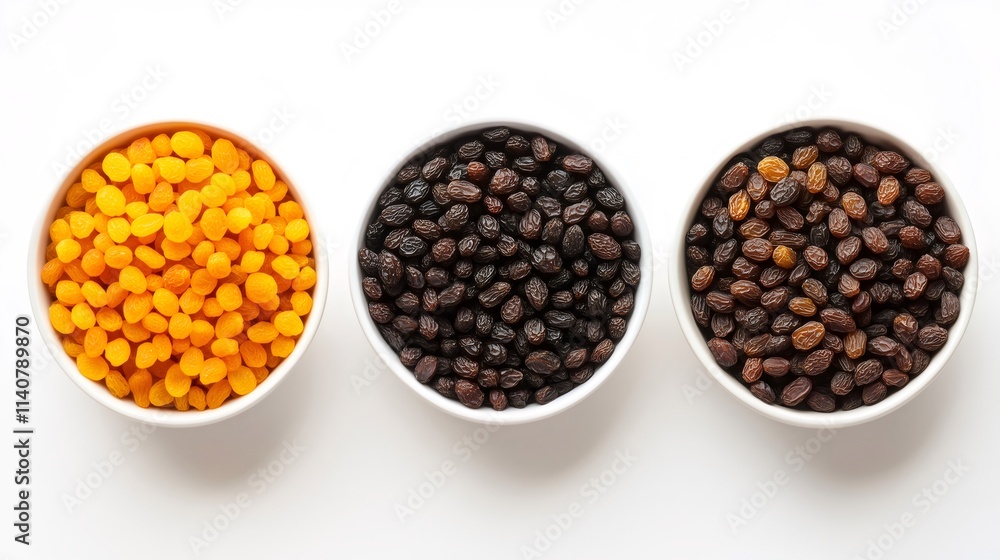 Three bowls of raisins showing different colors and sizes on white background Three bowls of raisins showing different colors and sizes on white background