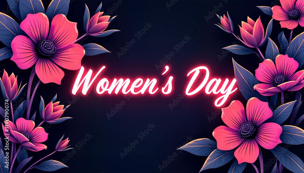 Obraz premium Women's Day glowing text with pink flowers on dark background