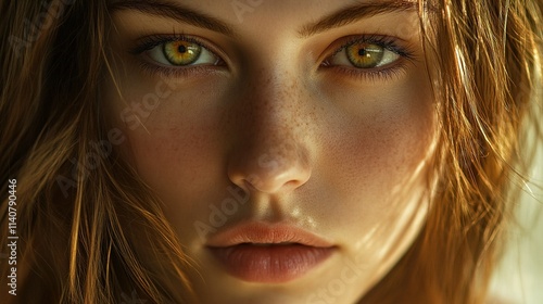 Wallpaper Mural Realistic close-up of a woman with striking hazel eyes and golden-brown hair, soft focus on her serene expression. Torontodigital.ca