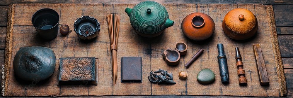 Fototapeta premium Serene Tea Ceremony Set - Tranquility, ritual, craftsmanship, nature, harmony. A curated collection for a mindful tea experience.