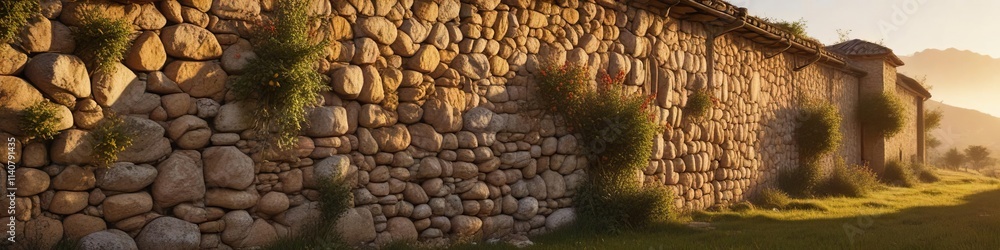 Golden light on rustic stone walls in El Ripolles countryside, golden hour, texture Golden light on rustic stone walls in El Ripolles countryside, golden hour, texture