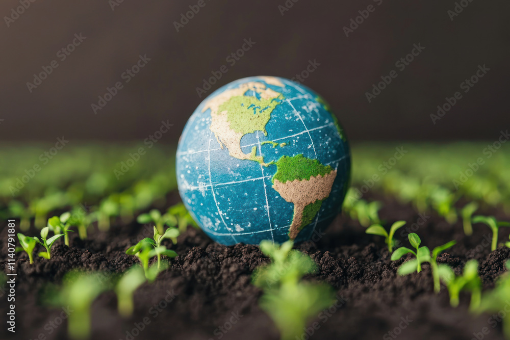 A vibrant globe placed among young green sprouts in rich soil, symbolizing global sustainability. A vibrant globe placed among young green sprouts in rich soil, symbolizing global sustainability.