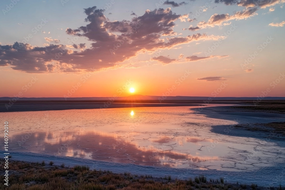 Fototapeta premium Breathtaking sunset over salt flats with reflective water and vibrant sky