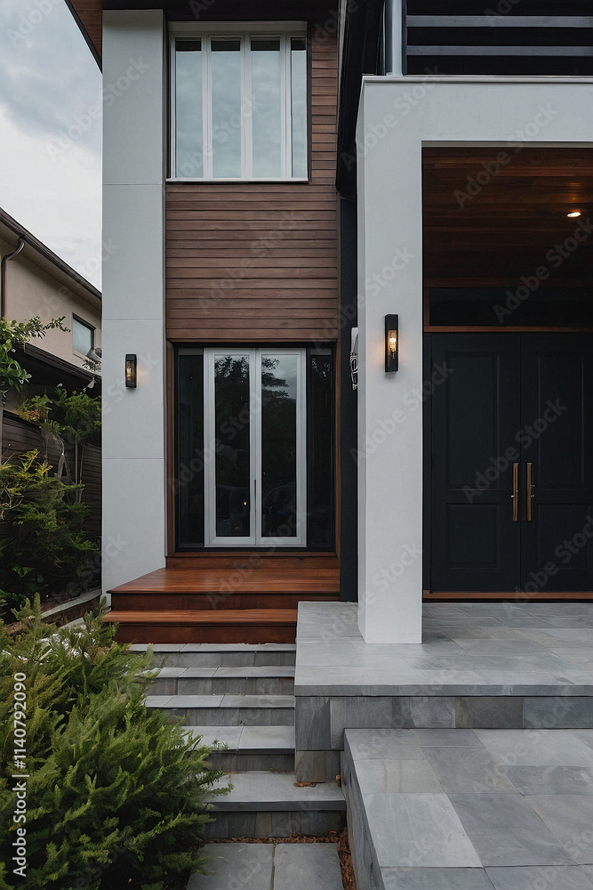 Modern house entrance with dark-stained wood siding, a gray stone staircase, and a dark-colored door. Exterior lighting flanks the entryway. Landscaping is visible to the left. Modern house entrance with dark-stained wood siding, a gray stone staircase, and a dark-colored door. Exterior lighting flanks the entryway. Landscaping is visible to the left.