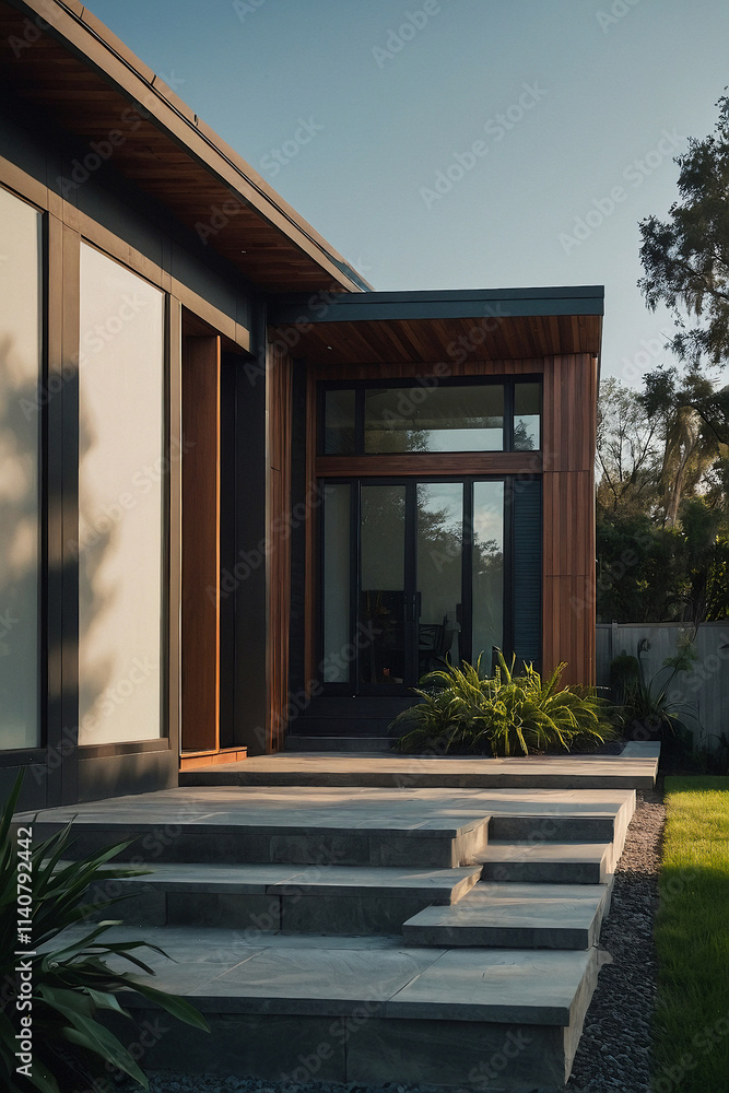 custom made wallpaper toronto digitalModern home exterior featuring dark wood siding, large windows, and a multi-level stone patio with steps leading to the entrance. The landscaping includes green plants near the entryway.