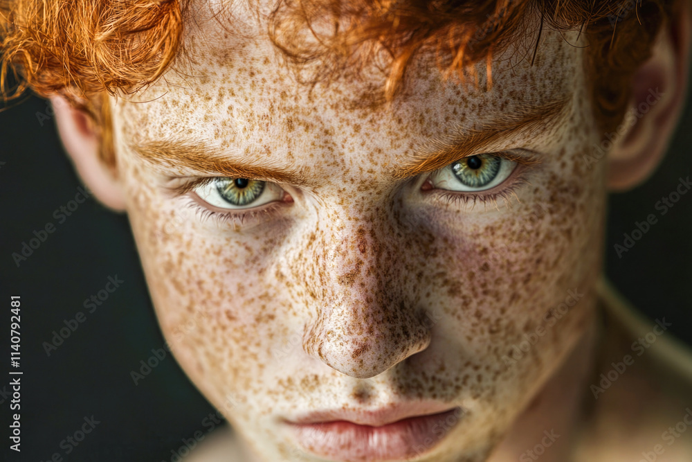 Intense stare of freckled caucasian male teen with red hair and green eyes