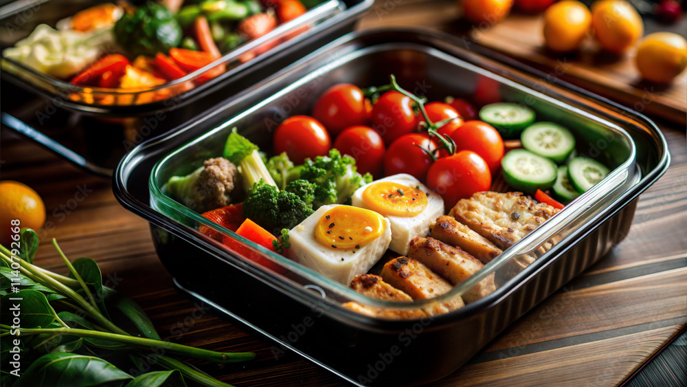 Healthy meal prep containers with vegetables, proteins, and eggs on wooden table Healthy meal prep containers with vegetables, proteins, and eggs on wooden table