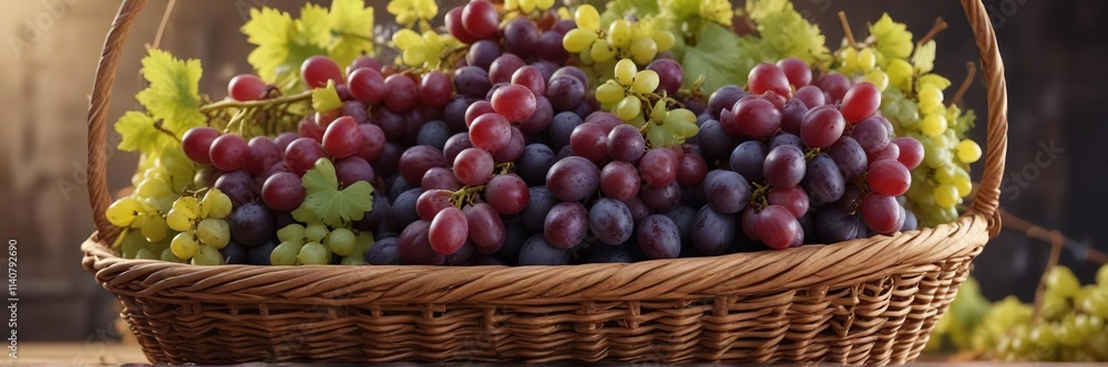 Harvested grapes piled high in a wicker basket, farm, , rustic Harvested grapes piled high in a wicker basket, farm, , rustic