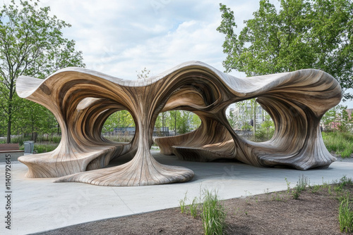 Organic wooden pavilion with curved design in a park setting photo