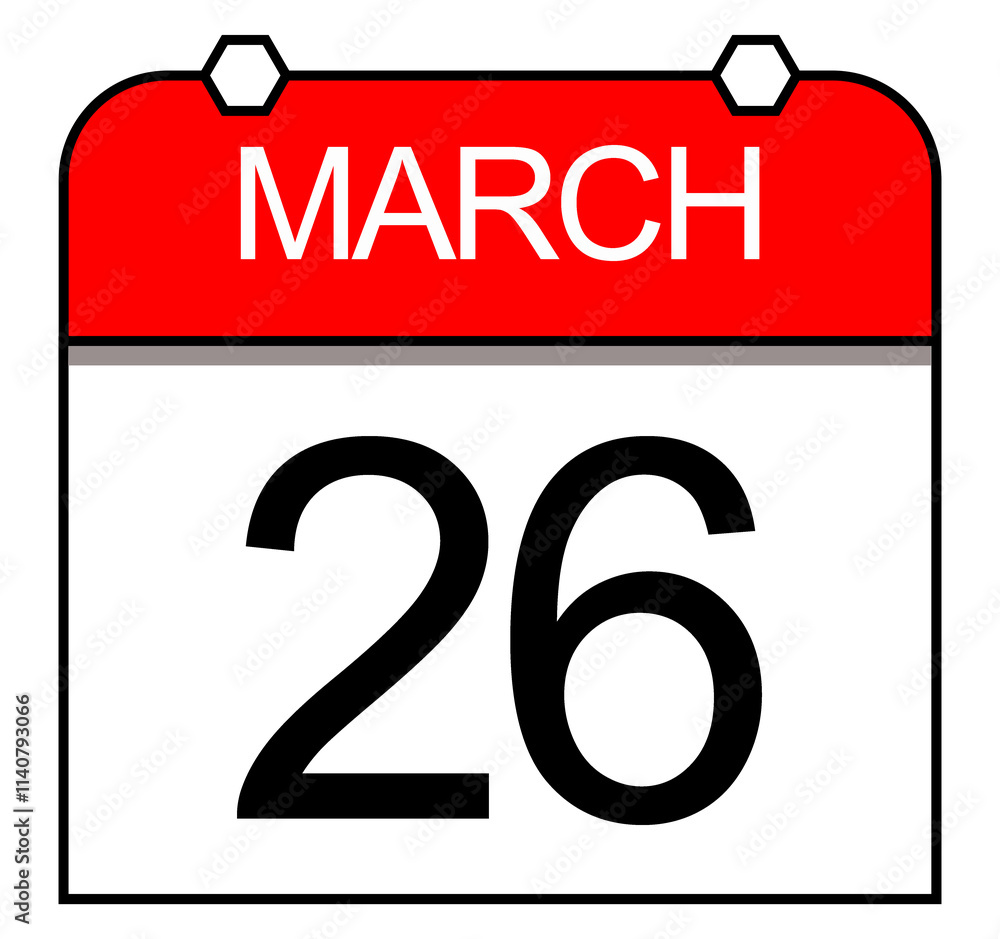 March 26th. An icon of illustrated daily calendar design. March 26th. An icon of illustrated daily calendar design.