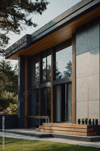 Wallpaper Mural Modern Home Exterior with Large Windows and Wooden Accents Torontodigital.ca