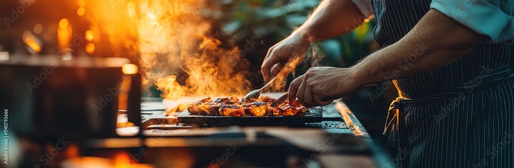 A chef grilling meat outdoors, surrounded by nature and warm sunlight. A chef grilling meat outdoors, surrounded by nature and warm sunlight.