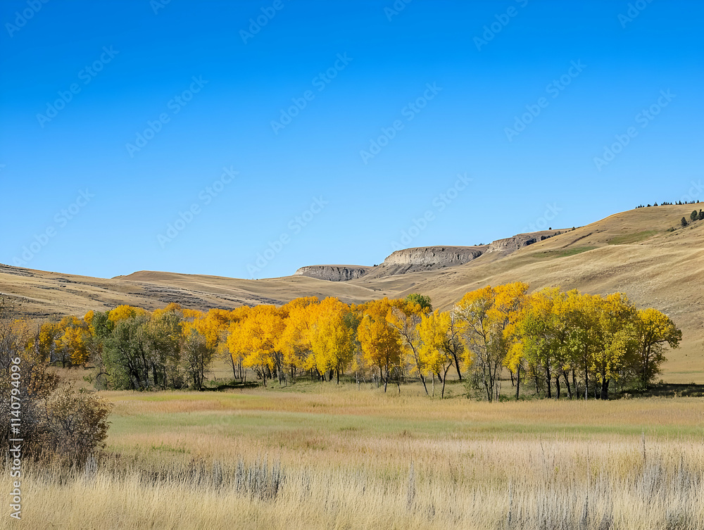 A serene landscape featuring golden trees against rolling hills under a clear blue sky. A serene landscape featuring golden trees against rolling hills under a clear blue sky.