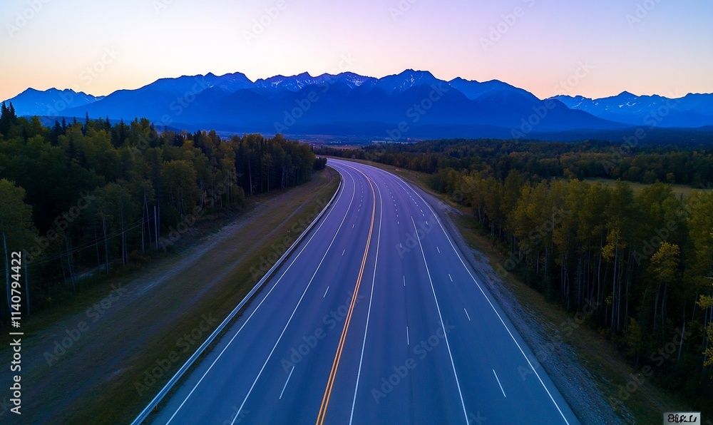 Scenic highway winding through a mountain valley at sunset. Scenic highway winding through a mountain valley at sunset.