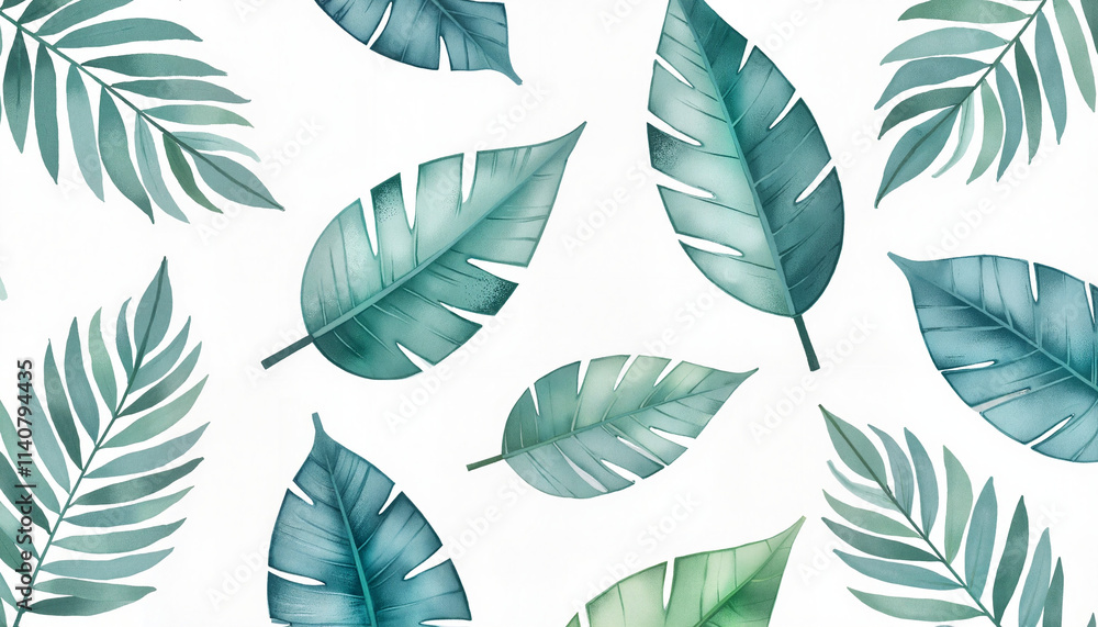 Fototapeta premium Tropical green leaf pattern on a white background.