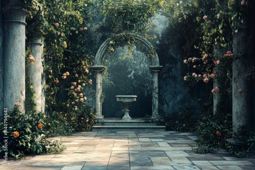 Fototapeta premium Enchanted Garden with Stone Archway and Roses.