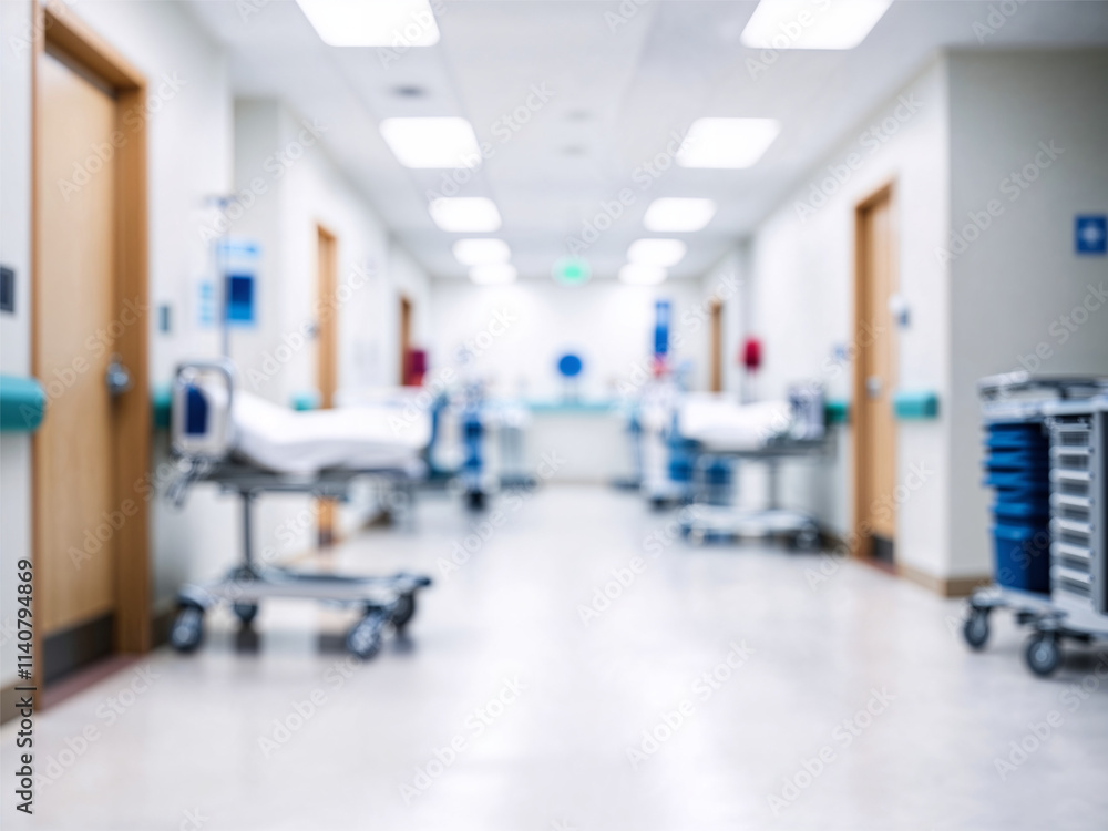 A blurred view of a hospital corridor with empty patient beds and medical carts along the walls, illuminated by bright ceiling lights and lined with doors leading to private rooms or facilities. A blurred view of a hospital corridor with empty patient beds and medical carts along the walls, illuminated by bright ceiling lights and lined with doors leading to private rooms or facilities.