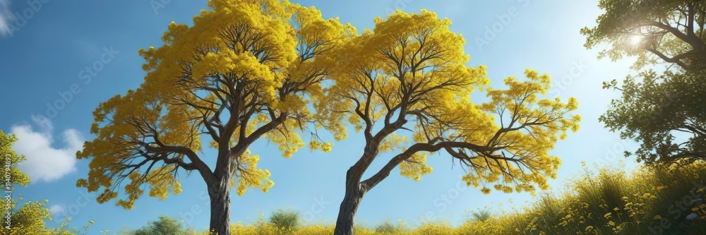 Fototapeta premium Tall tree with bright yellow flowers blooming against a clear blue sky, blossom, Mimosa acacia