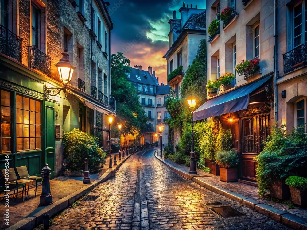 Fototapeta premium Vintage French Poster: Low Light Parisian Street Scene - Retro Travel Photography