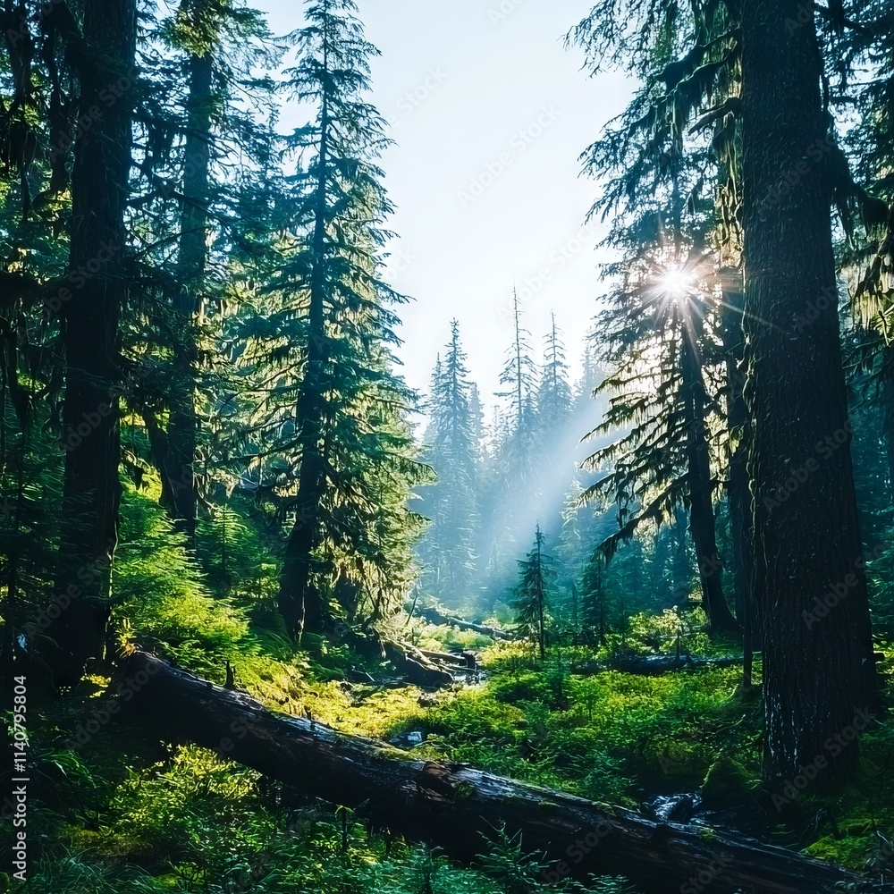 Obraz premium A serene forest scene with sunlight filtering through tall trees.