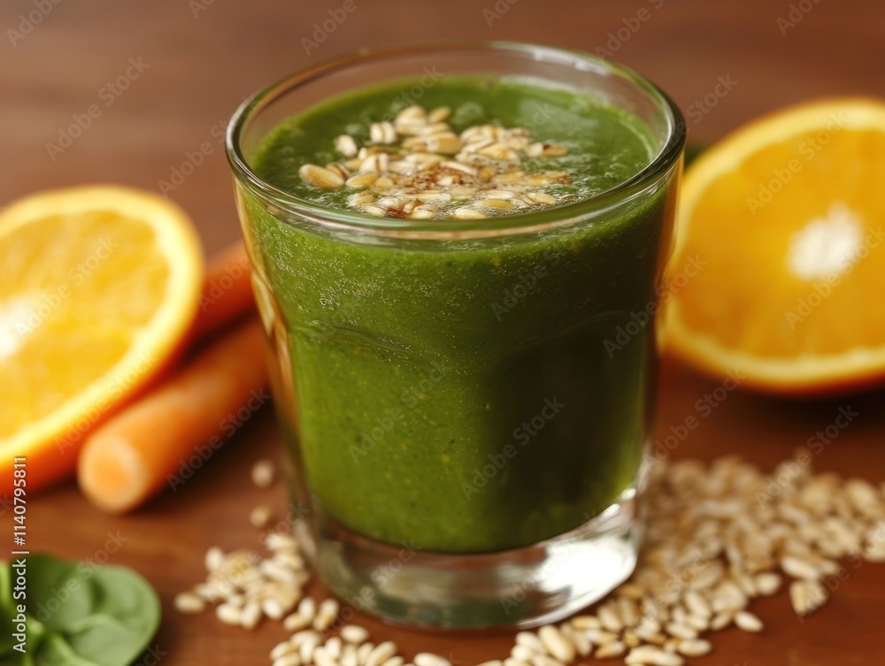 Green smoothie with orange slices, carrots, and spinach.