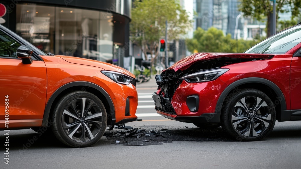 Collision of Two Cars on Urban Street Captured in Detail, Focus on Damage and Traffic Environment Collision of Two Cars on Urban Street Captured in Detail, Focus on Damage and Traffic Environment