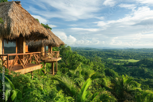 Scenic tropical hut overlooking lush forest valley and distant hills photo