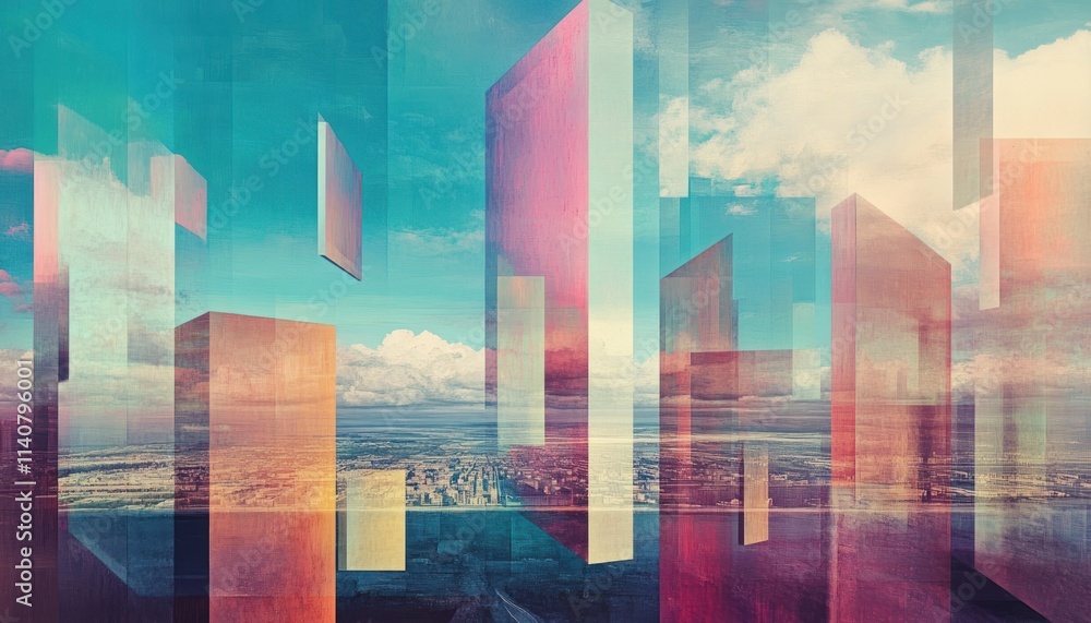 Obraz premium Abstract cityscape with layered rectangles and a sky with clouds.