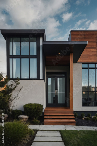 Wallpaper Mural Modern house exterior featuring light-grey stucco walls, dark-framed windows, a wood-toned front door, and a dark-grey roofline.  Landscaping includes shrubs and a stone walkway. Torontodigital.ca