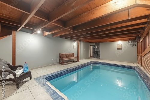 Indoor pool area featuring wooden beams and a relaxing atmosphere.