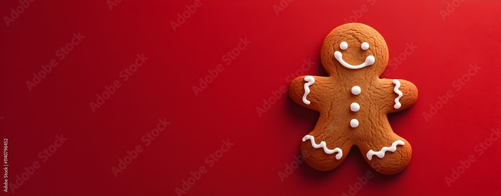 Gingerbread man cookie isolated on Red background with copy space, Christmas celebration baking sweat treat Gingerbread man cookie isolated on Red background with copy space, Christmas celebration baking sweat treat