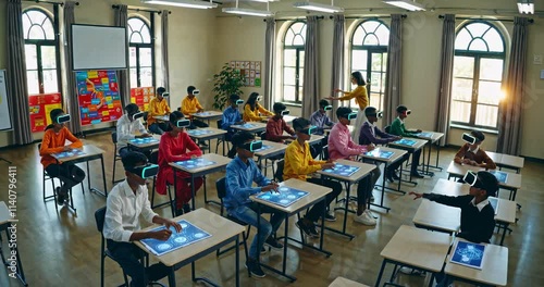 Students Using Virtual Reality Headsets in a Modern Classroom with Interactive Learning Technology Guided by a Teacher in an Educational Environment of Innovation and Creativity photo