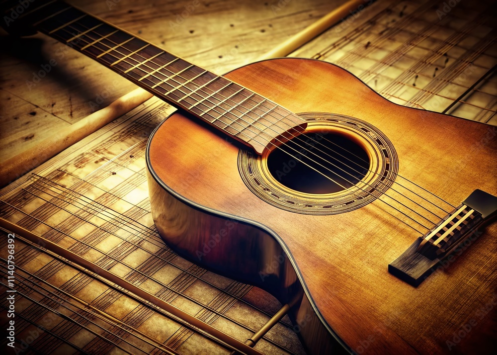 Obraz premium Vintage Guitar Tablature: Retro Music Photography, Acoustic Guitar Chord Charts, Old Photo Style, Aged Paper Texture, Musical Instrument Closeup