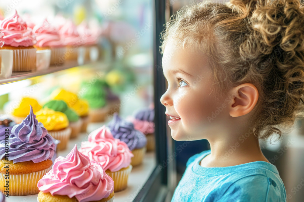 Young caucasian girl excitedly gazing at colorful cupcakes in a bakery display Young caucasian girl excitedly gazing at colorful cupcakes in a bakery display