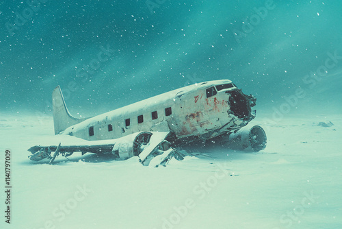 Abandoned airplane wreck in a snowy winter landscape with a deteriorating fuselage under a cold moody sky, evoking solitude, mystery, and decay photo