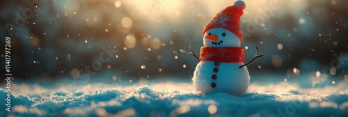 Winter Snowman in Sparkling Sunset Scene for Holiday Art and Decor photo