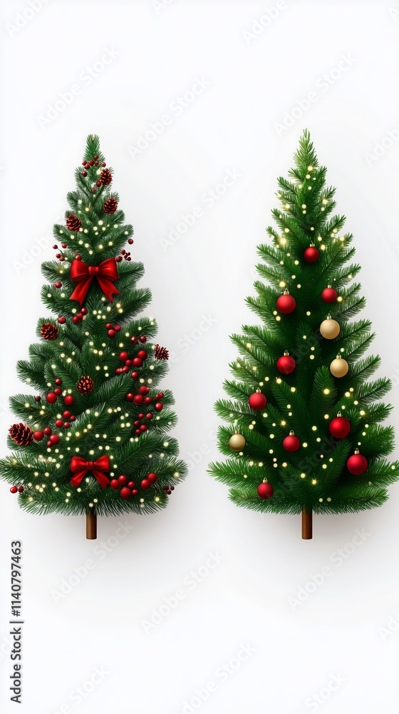 Set of beautifully decorated Christmas trees with festive ornaments, glowing lights, and ribbons on a white background. Perfect for holiday-themed designs. Set of beautifully decorated Christmas trees with festive ornaments, glowing lights, and ribbons on a white background. Perfect for holiday-themed designs.