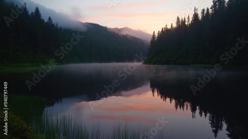 Wallpaper Mural Misty Lake Surrounded by Forest During Sunset Torontodigital.ca