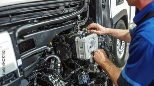 mechanics repair engine restoration concept. Mechanic working on a truck engine in an automotive workshop.